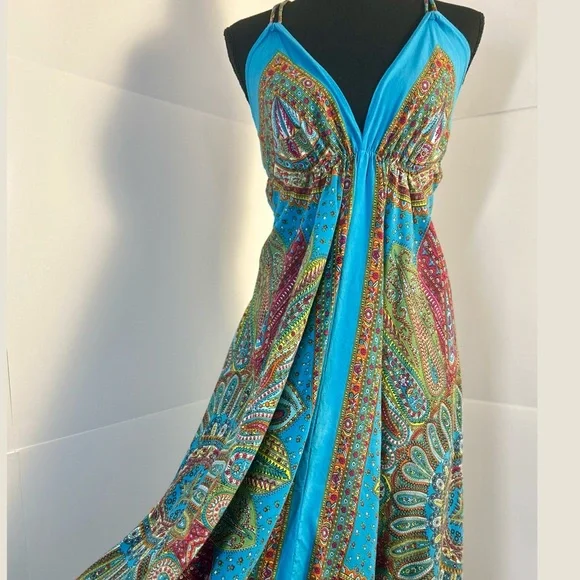 Blue Multicolor Halter Maxi Dress Paisley Boho OS - Picture 3 of 7